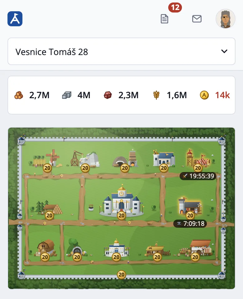 Aumen v mobilu: přehled surovin a vesnice na obrazovce telefonu